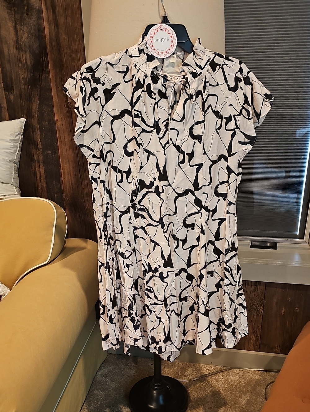 Umgee Black and Cream Abstract Tie-Neck Tunic
